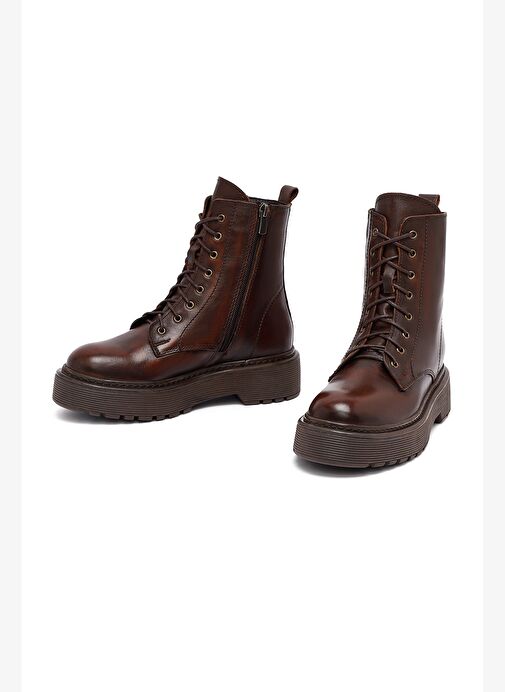 Kadın Kahverengi Bağcıklı Fermuarlı Kalın Tabanlı Deri Postal Bot 25WFD181818 - Görsel 4