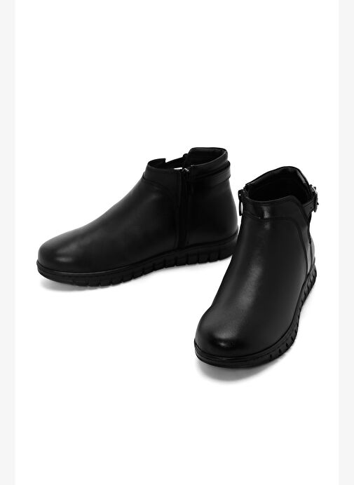 Kadın Siyah Fermuarlı Toka Detaylı Deri Comfort Bot 25WFD360118 - Görsel 4