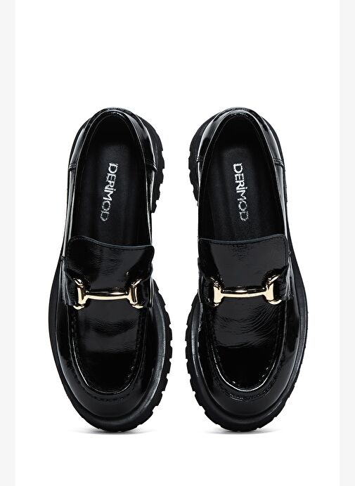 Kadın Siyah Tokalı Kalın Tabanlı Rugan Deri Maskülen Loafer 25AFD183616 - Görsel 7