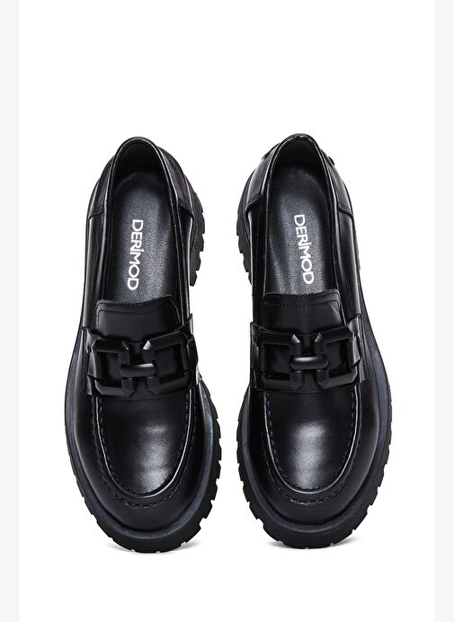 Kadın Siyah Kalın Tabanlı Deri Maskülen Loafer 25AFD183718 - Görsel 7