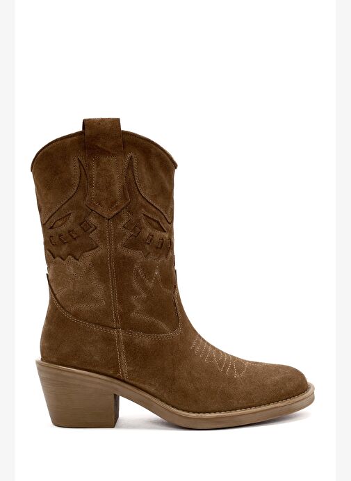 Kadın Vizon Kısa Kalın Topuklu Süet Deri Kovboy Bot 25AFD184210 - Görsel 2