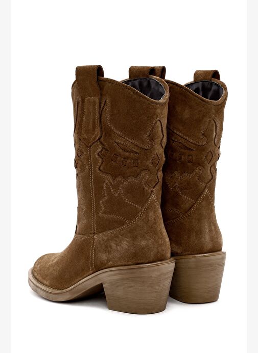 Kadın Vizon Kısa Kalın Topuklu Süet Deri Kovboy Bot 25AFD184210 - Görsel 8