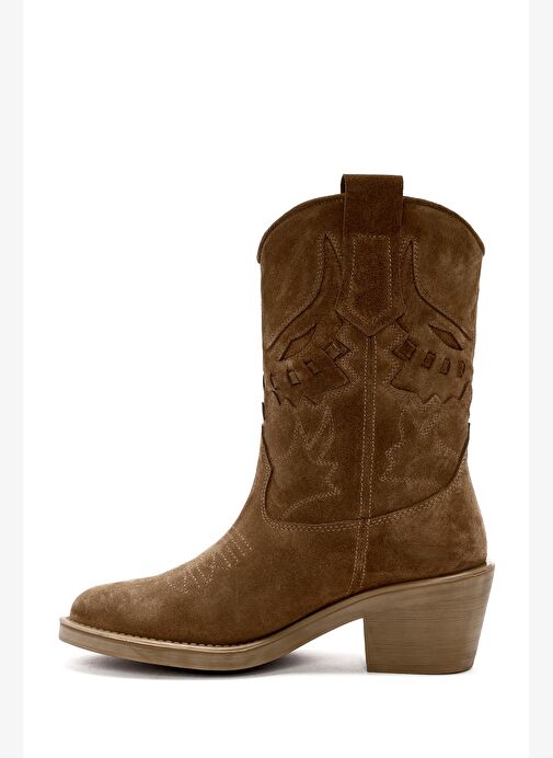 Kadın Vizon Kısa Kalın Topuklu Süet Deri Kovboy Bot 25AFD184210 - Görsel 5