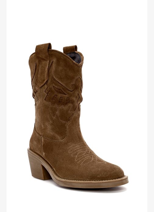 Kadın Vizon Kısa Kalın Topuklu Süet Deri Kovboy Bot 25AFD184210 - Görsel 9