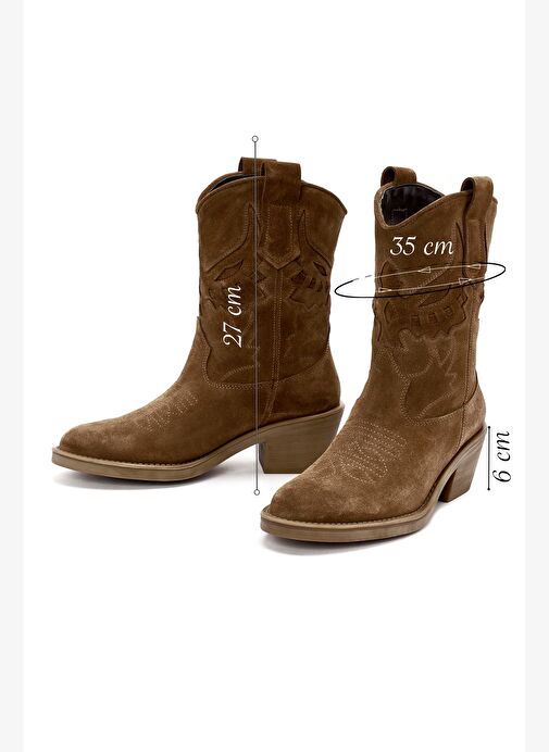 Kadın Vizon Kısa Kalın Topuklu Süet Deri Kovboy Bot 25AFD184210 - Görsel 3