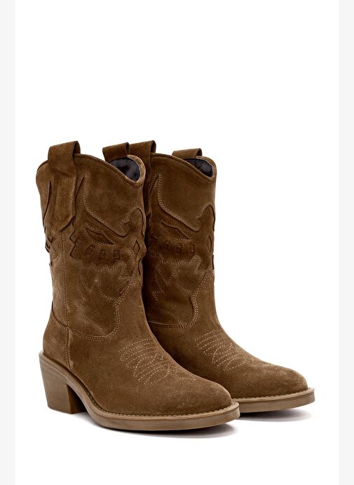 Kadın Vizon Kısa Kalın Topuklu Süet Deri Kovboy Bot 25AFD184210 - Görsel 6