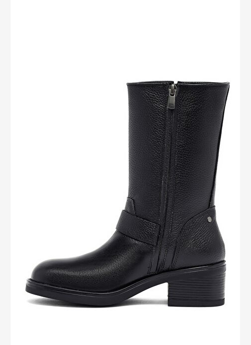 Kadın Siyah Fermuarlı Kısa Kalın Topuklu Deri Bot 25WFD1857FT - Görsel 5