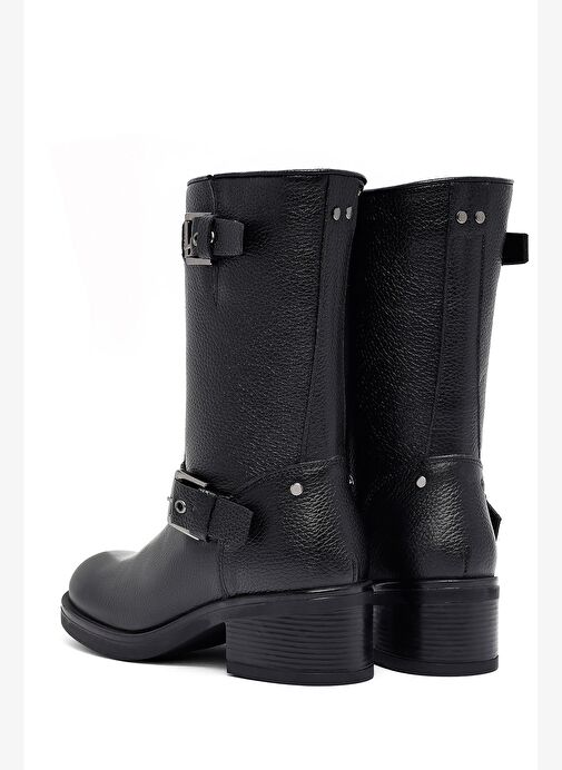 Kadın Siyah Fermuarlı Kısa Kalın Topuklu Deri Bot 25WFD1857FT - Görsel 8