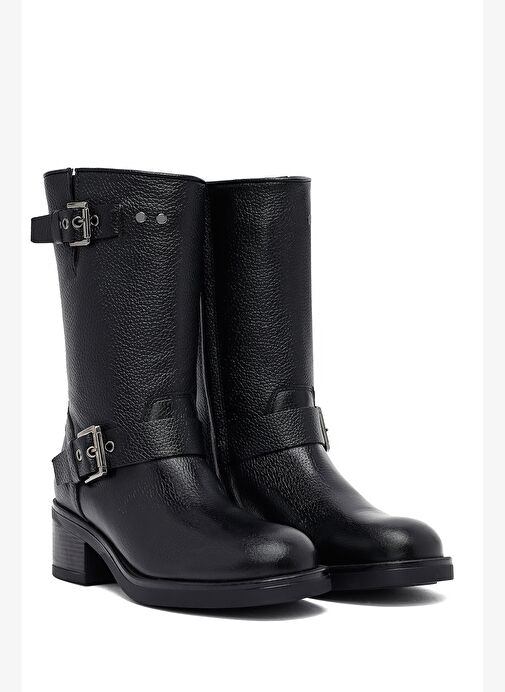 Kadın Siyah Fermuarlı Kısa Kalın Topuklu Deri Bot 25WFD1857FT - Görsel 6