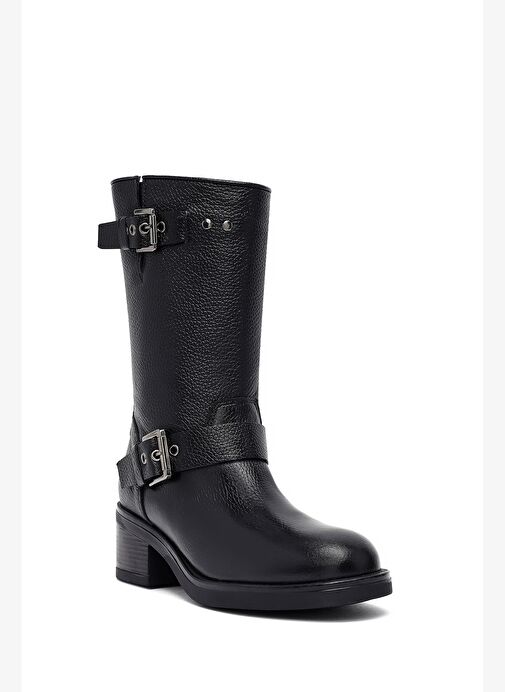 Kadın Siyah Fermuarlı Kısa Kalın Topuklu Deri Bot 25WFD1857FT - Görsel 9