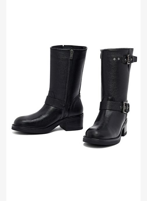 Kadın Siyah Fermuarlı Kısa Kalın Topuklu Deri Bot 25WFD1857FT - Görsel 4