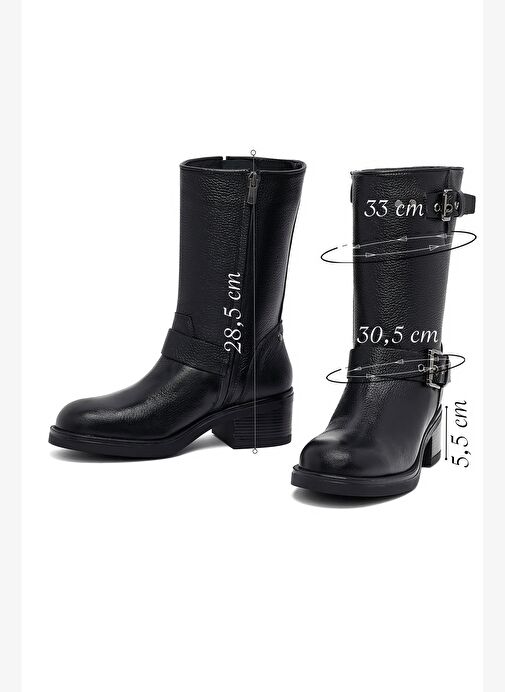 Kadın Siyah Fermuarlı Kısa Kalın Topuklu Deri Bot 25WFD1857FT - Görsel 3