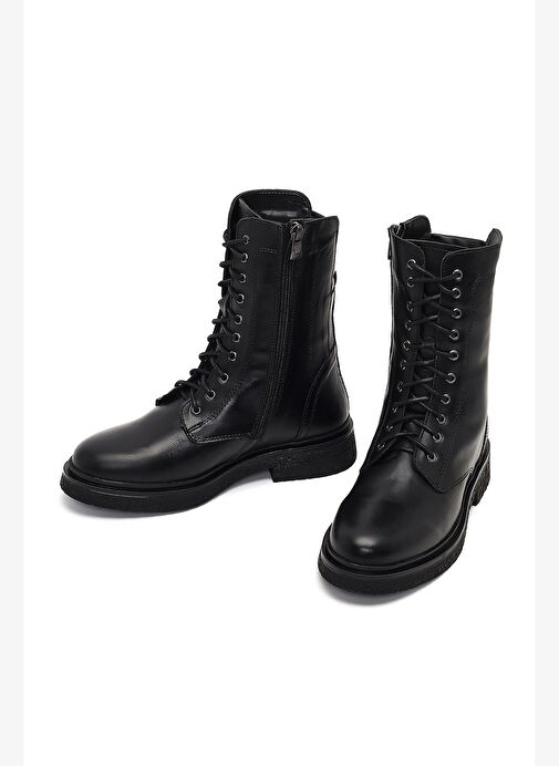 Kadın Siyah Bağcıklı Fermuarlı Deri Postal Bot 25WFD186618 - Görsel 4
