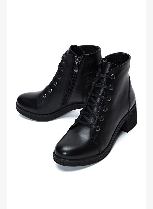 Kadın Siyah Fermuarlı Kalın Topuklu Deri Casual Bot 25WFD411418 - Görsel 4