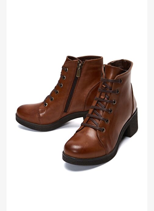 Kadın Taba Fermuarlı Kalın Topuklu Deri Casual Bot 25WFD411418 - Görsel 4