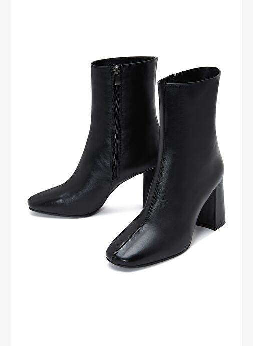 Kadın Siyah Fermuarlı Kalın Topuklu Deri Bot 25WFD130818 - Görsel 4
