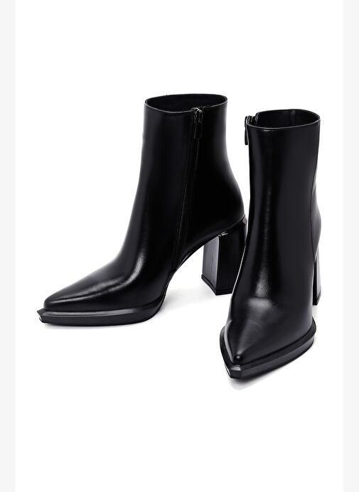 Kadın Siyah Fermuarlı Kalın Topuklu Deri Bot 25WFD131018 - Görsel 4