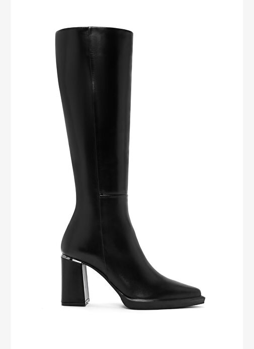 Kadın Siyah Fermuarlı Kalın Topuklu Deri Çizme 25WFD131618 - Görsel 2