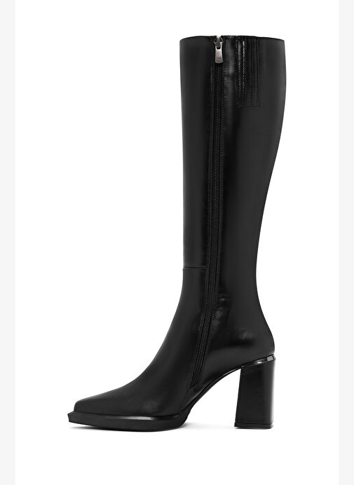 Kadın Siyah Fermuarlı Kalın Topuklu Deri Çizme 25WFD131618 - Görsel 5