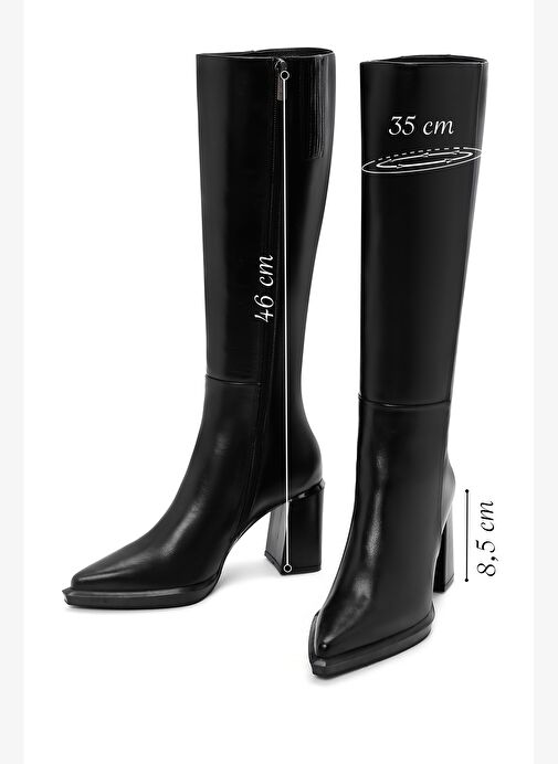 Kadın Siyah Fermuarlı Kalın Topuklu Deri Çizme 25WFD131618 - Görsel 3