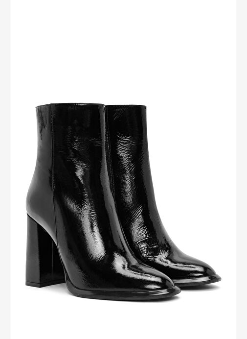 Kadın Siyah Fermuarlı Yüksek Kalın Topuklu Rugan Deri Bot 25WFD131116 - Görsel 6