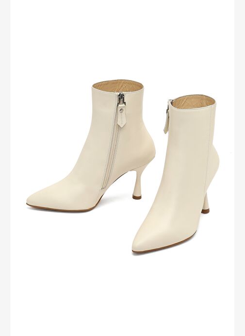 Kadın Krem Fermuarlı İnce Topuklu Deri Bot 25WFD131218 - Görsel 4