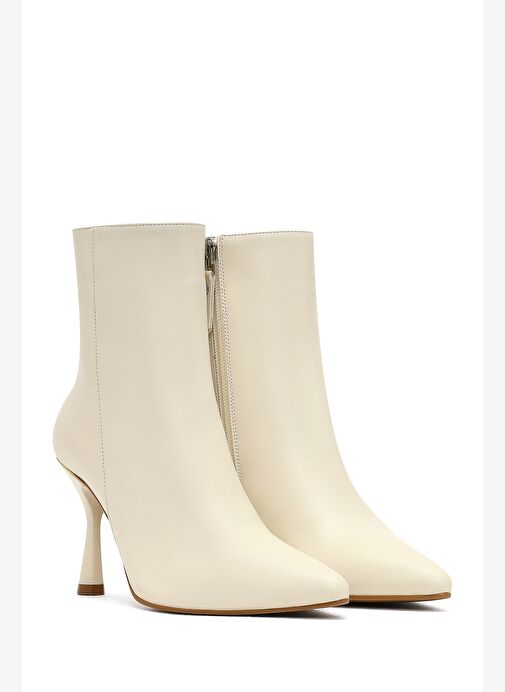 Kadın Krem Fermuarlı İnce Topuklu Deri Bot 25WFD131218 - Görsel 6