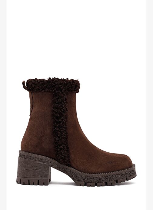 Kadın Kahverengi Fermuarlı Kalın Topuklu Süet Deri Bot 25WFD131810 - Görsel 2