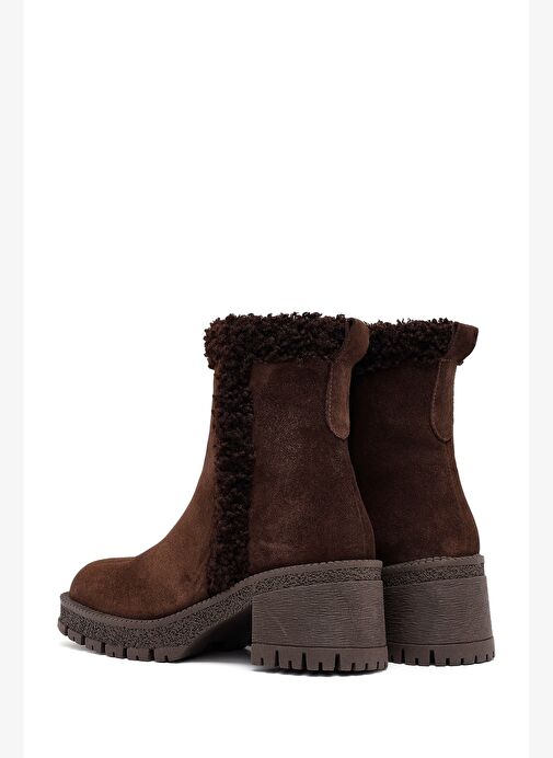 Kadın Kahverengi Fermuarlı Kalın Topuklu Süet Deri Bot 25WFD131810 - Görsel 8