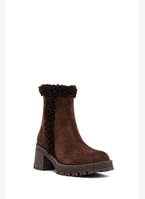 Kadın Kahverengi Fermuarlı Kalın Topuklu Süet Deri Bot 25WFD131810 - Görsel 9