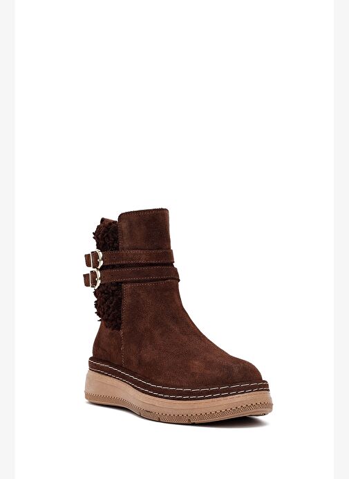 Kadın Kahverengi Fermuarlı Süet Deri Teddy Bot 25WFD131910 - Görsel 8