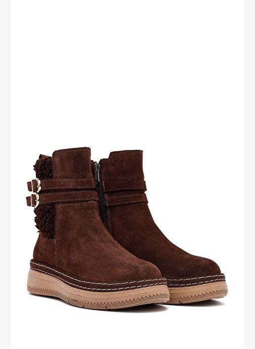 Kadın Kahverengi Fermuarlı Süet Deri Teddy Bot 25WFD131910 - Görsel 5
