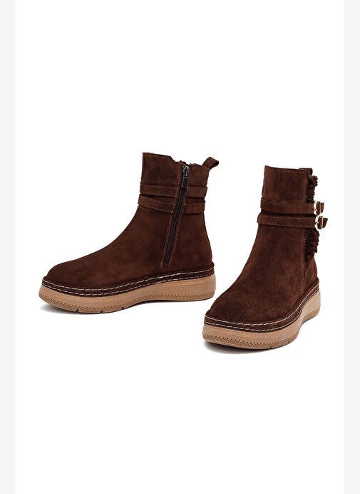 Kadın Kahverengi Fermuarlı Süet Deri Teddy Bot 25WFD131910 - Görsel 4