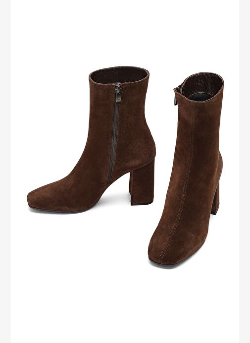 Kadın Kahverengi Fermuarlı Kalın Topuklu Süet Deri Bot 25WFD130810 - Görsel 4