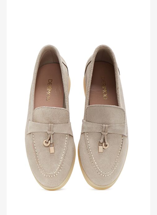 Kadın Bej Aksesuarlı Süet Deri Loafer 25SFD133110 - Görsel 7