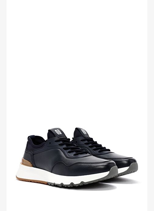 Erkek Lacivert Bağcıklı Kalın Tabanlı Deri Casual Sneaker 25WFD690718 - Görsel 4