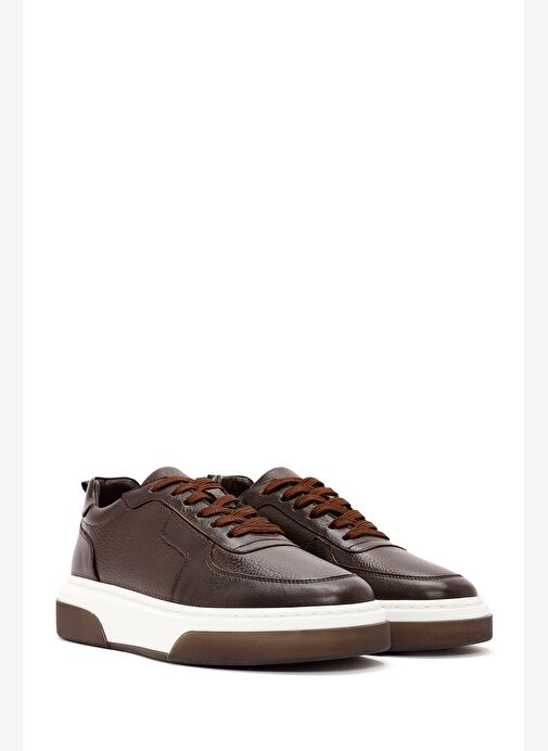 Erkek Kahverengi Bağcıklı Kalın Tabanlı Deri Sneaker 25WFD6408FT - Görsel 4