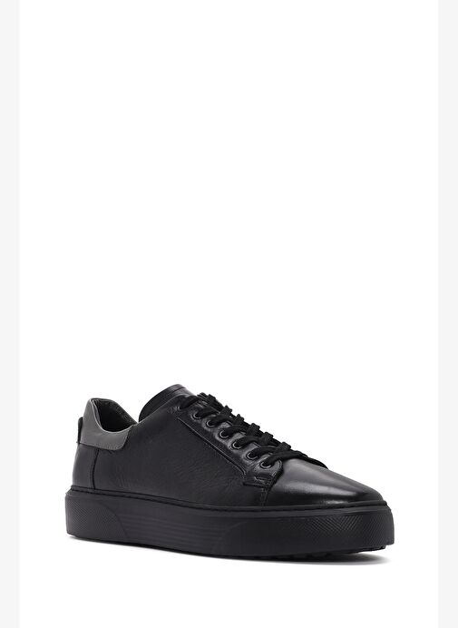 Erkek Siyah Bağcıklı Kalın Tabanlı Deri Sneaker 25WFD640418 - Görsel 7