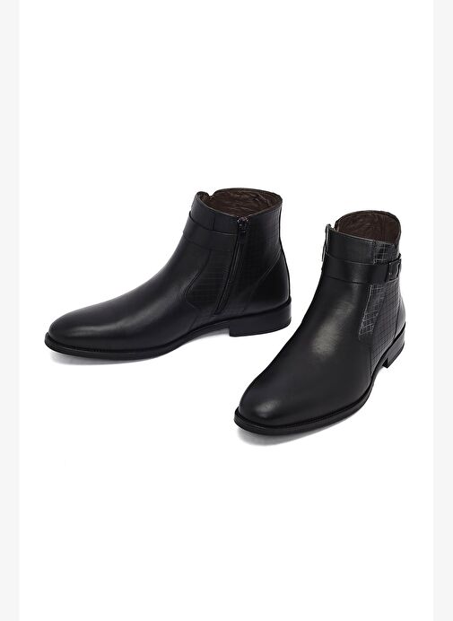 Erkek Siyah Toka Detaylı Fermuarlı Deri Klasik Bot 25WFD670318 - Görsel 4