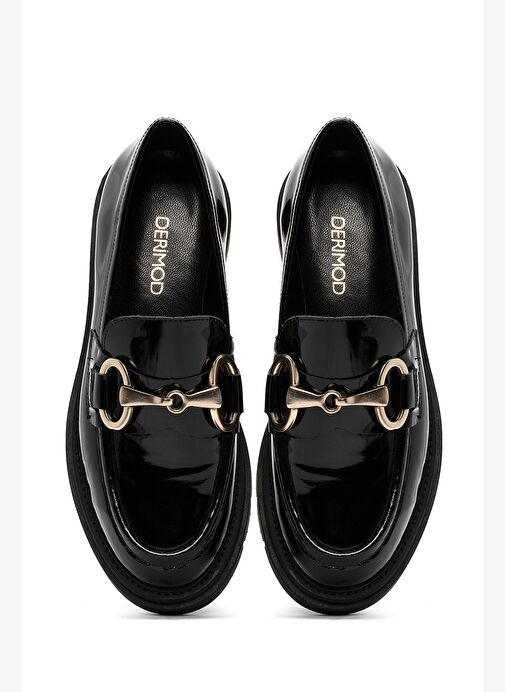 Kadın Siyah Tokalı Kalın Tabanlı Deri Maskülen Loafer 25AFD160018 - Görsel 8