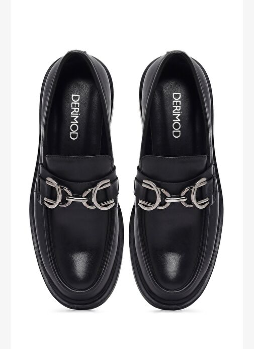 Kadın Siyah Tokalı Deri Maskülen Loafer 25AFD183818 - Görsel 8