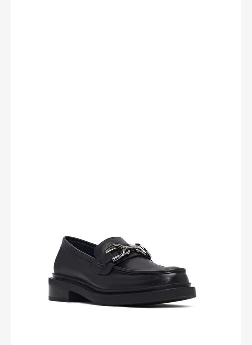 Kadın Siyah Tokalı Deri Maskülen Loafer 25AFD183818 - Görsel 7
