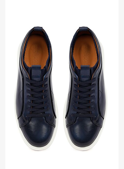 Erkek Lacivert Bağcıklı Kalın Tabanlı Deri Sneaker 25WFD693618 - Görsel 8
