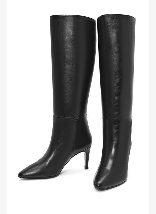 Kadın Siyah İnce Yüksek Topuklu Deri Çizme 25WFD161418 - Görsel 4