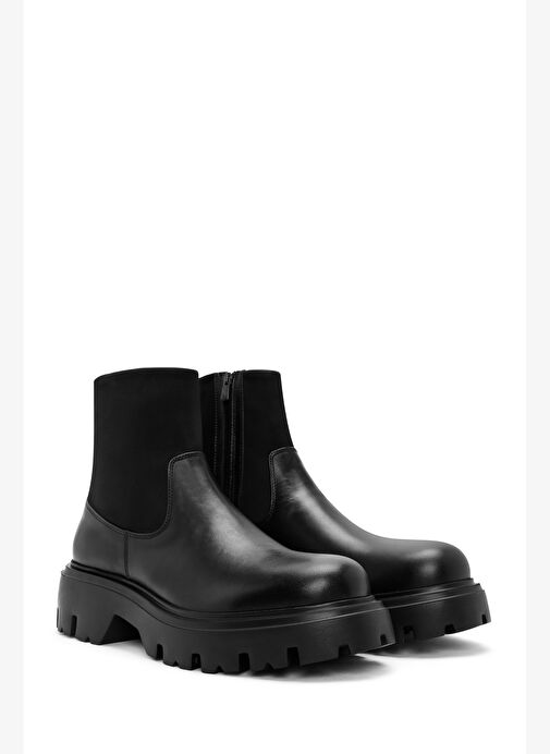 Erkek Siyah Fermuarlı Kalın Tabanlı Deri Casual Bot 25WFD631618 - Görsel 5