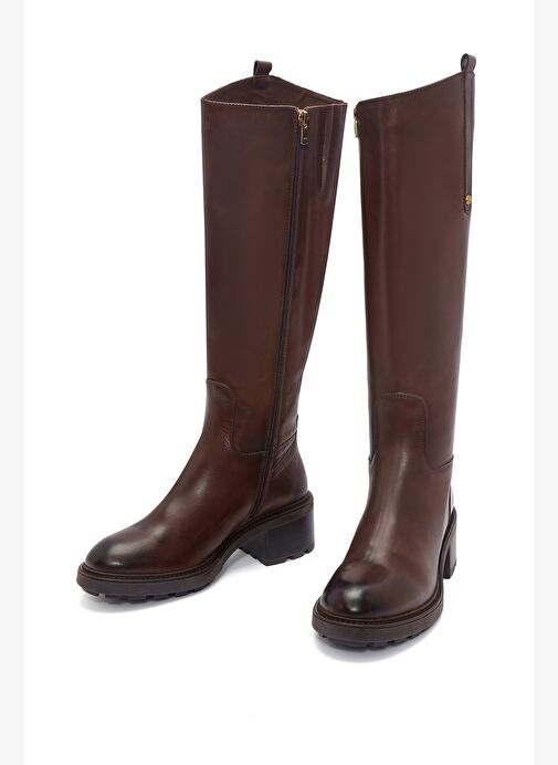 Kadın Kahverengi Fermuarlı Kısa Topuklu Deri Çizme 25WFD280918 - Görsel 8