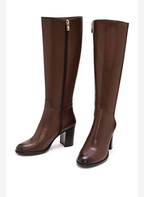 Kadın Kahverengi Fermuarlı Kalın Topuklu Deri Çizme 25WFD281018 - Görsel 4