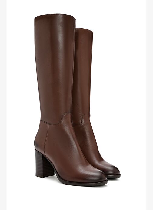 Kadın Kahverengi Fermuarlı Kalın Topuklu Deri Çizme 25WFD281018 - Görsel 6