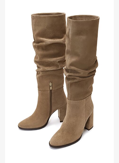 Kadın Taba Fermuarlı Kalın Topuklu Süet Deri Çizme 25WFD281110 - Görsel 4
