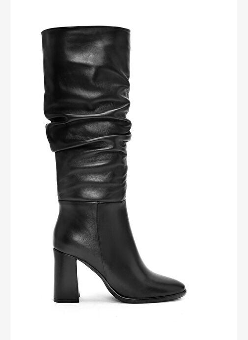 Kadın Siyah Fermuarlı Kalın Topuklu Deri Çizme 25WFD281118 - Görsel 4